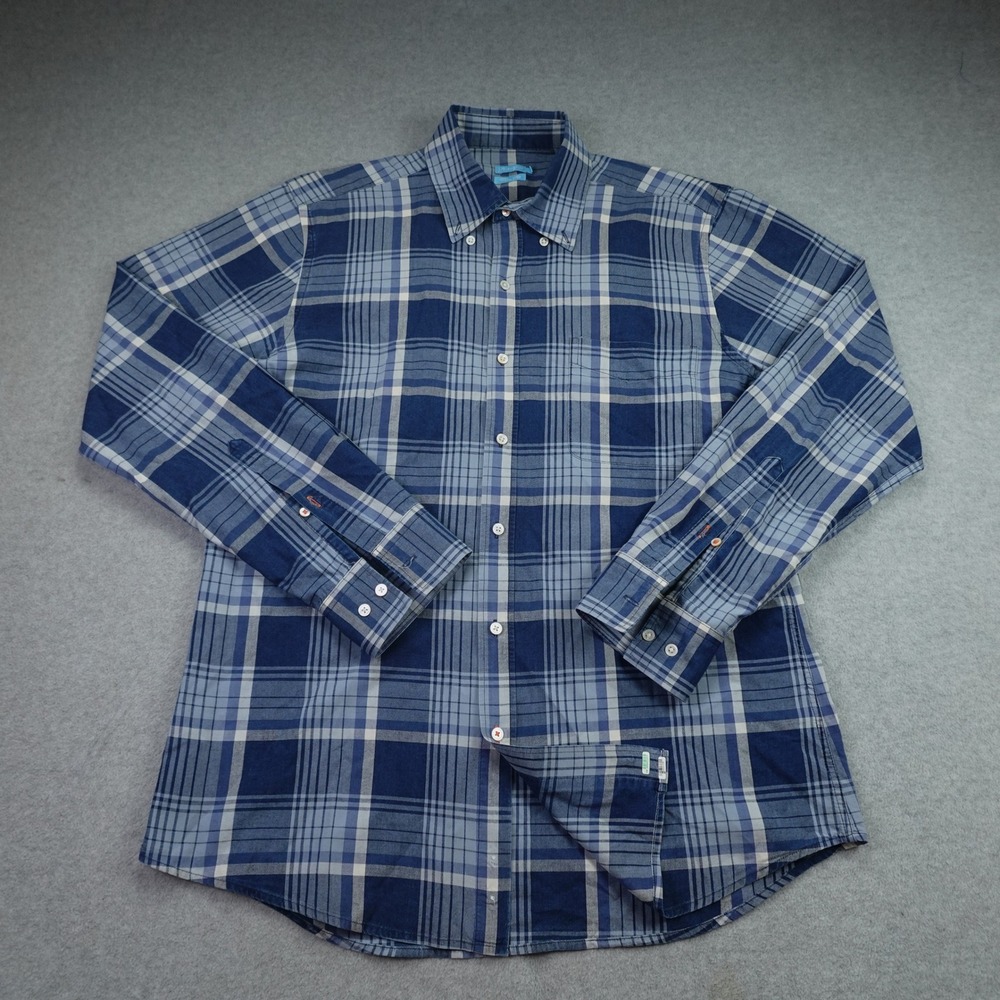 J.McLaughlin Shirt Mens Medium Blue Plaid Trim Fit Long Sleeve Button Down